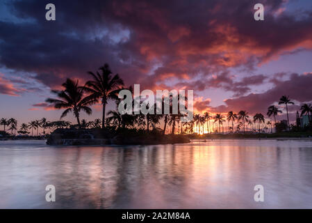 Sun setting on an Hawaiian beach. The sky is purple, red and orange, as the sun dips behind the silhouetted palm trees, on Oahu, Hawaii Stock Photo