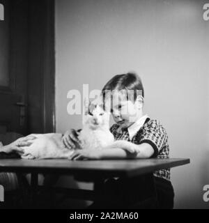 Ein kleiner Junge mit seiner Katze, Deutschland 1930er Jahre. A little boy with his cat, Germany 1930s. Stock Photo