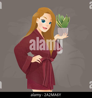 Woman in red robe holding air purifying plant in gray pot on the brown background, Snake plant or Sansevieria trifasciata Stock Photo