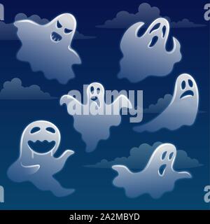 Set of ghosts with different emotions on sky with clouds Stock Vector