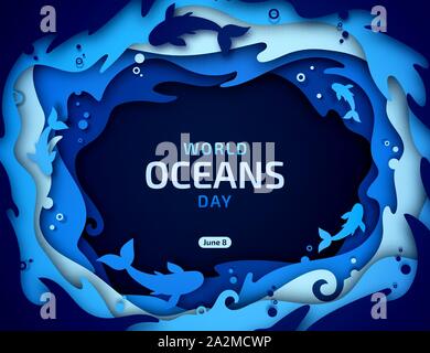 World Oceans Day, paper art. Global celebrate dedicated to protect and conserve purity of water, problem of plastic pollution of nature, ecosystem Stock Vector