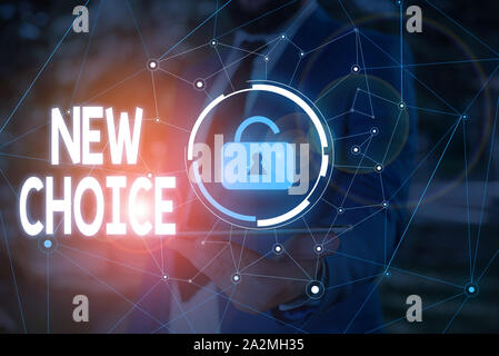 Conceptual hand writing showing New Choice. Concept meaning having lot of options and adding another one to choose between Male wear formal work suit Stock Photo