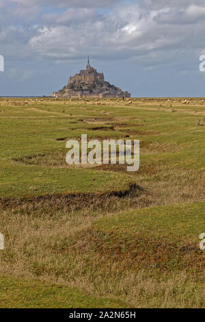 Field landscape and abbey. One of most recognisable french landmarks, visited by 3 million people a year, Mont Saint-Michel and its bay are on the lis Stock Photo