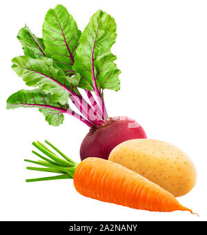 Fresh vegetables, heap of whole carrot, potato and beetroot isolated on white background Stock Photo