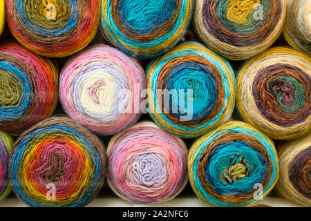 Stacked balls of wool in shop, St Nicholas Market, Bristol, UK Stock Photo