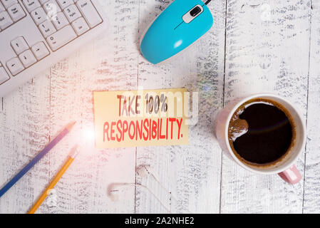 Conceptual hand writing showing Take 100 Percent Responsibility. Concept meaning be responsible for list of things objects to do Technological devices Stock Photo