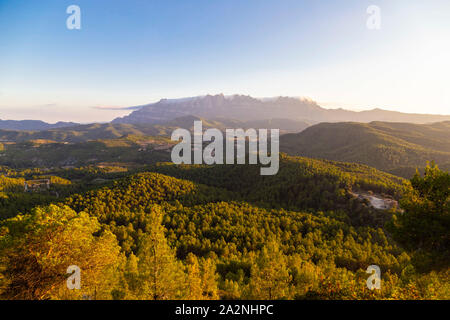 Montserrat is a mountainous massif of Catalonia, located on horseback in the counties of Bages, Anoia and Baix Llobregat. It is very prominent and has Stock Photo