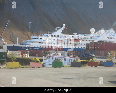 The cruise ship Ocean Diamond, docked in the harbour at the little town of Isafjordur, in the Westfjords area of northern Iceland Stock Photo