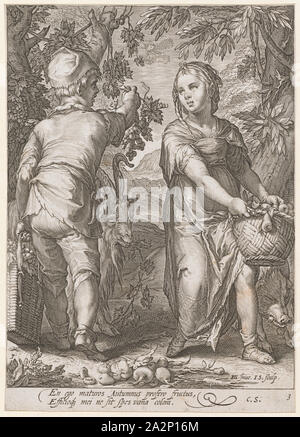 Autumn, 1601 (print before 1652), copperplate engraving, sheet: 22.2 x 15.8 cm (trimmed within the margin of the plate), U. l., numbered: 3, u, ., r., designated: HG., [lig.] Inue., I.S., sculp, ., under the picture: En ego maturos Autumnus profero fructus, Efficioq [ue] mei ne sit spes vana coloni ., u, ., r., monogrammed and numbered: C.S., 3, Jan Saenredam, Stecher, Zaandam 1565–1607 Assendelft, Hendrick Goltzius, Inventor, Mühlbrecht 1558–1617 Haarlem, Claes Jansz. Visscher, Verleger, Amsterdam 1586/87–1652 Amsterdam Stock Photo