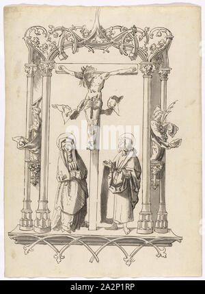 Christ on the cross between Mary and John, in architectural frame, feather in black, greyish lavender, Leaf: 28.9 x 21 cm, Unmarked, Anonym, Süddeutschland (Augsburg), um 1500 Stock Photo