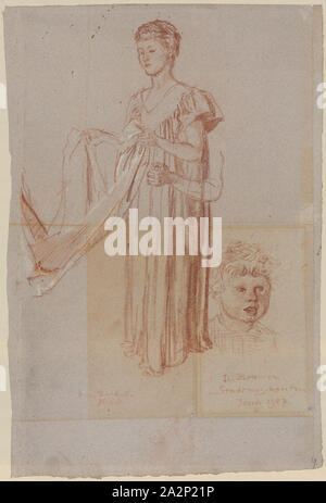 Study on a standing young girl folding a cloth, 1907, red chalk, heightened with white, on purple-gray paper, folio: 48 x 32 cm, U. M. inscribed with red chalk: Die Bremer, Stadtmusikanten, Josefi 1907, u, ., l, ., marked in red with chalk: Mr. Doct., Coulin AWelti, Albert Welti, Zürich 1862–1912 Bern Stock Photo