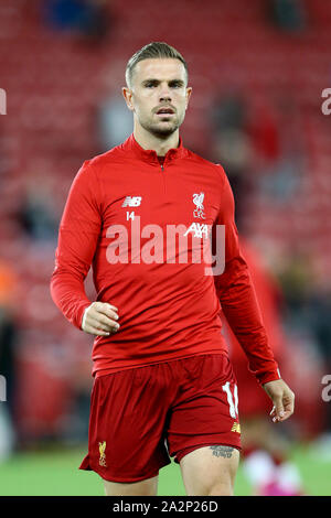 Liverpool, UK. 02nd Oct, 2019. Jordan Henderson of Liverpool looks on during the warm up. UEFA Champions league group E match, Liverpool v FC Red Bull Salzburg at Anfield Stadium in Liverpool on Wednesday 2nd October 2019. this image may only be used for Editorial purposes. Editorial use only, license required for commercial use. No use in betting, games or a single club/league/player publications. pic by Chris Stading/Andrew Orchard sports photography/Alamy Live news Credit: Andrew Orchard sports photography/Alamy Live News Stock Photo