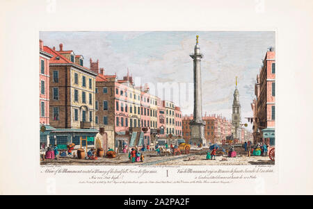 A view of the Monument erected in memory of the dreadfull fire in the year 1666.  London, England.  After a print dated 1752 from a work by Caneletto.  Published by Robert Sayer.  Later colourization. Stock Photo