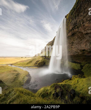 Seljalandsfoss Waterfall on a Sunny Day in Iceland Stock Photo