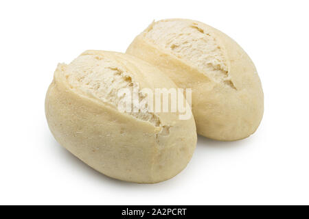 Two part baked white french bread rolls isolated on white. Stock Photo