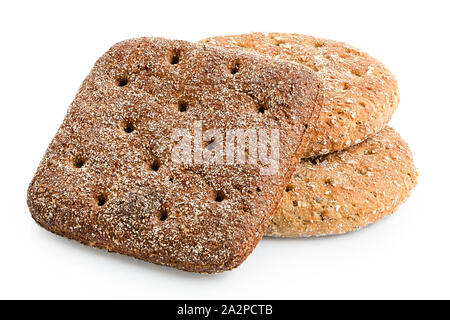 Two round oat wheat flat breads and one square rye flat bread isolated on white. Stock Photo