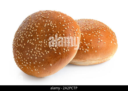 Two sesame seed hamburger buns isolated on white. Stock Photo