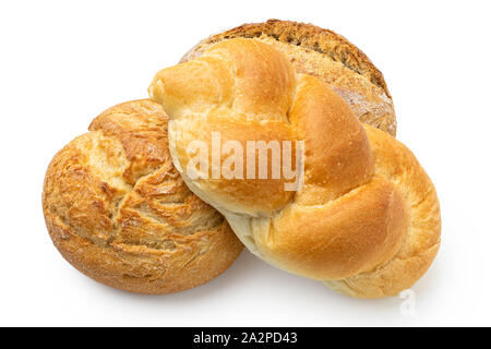 Three bread rolls isolated on white. Round rustic, plaited and french. Stock Photo