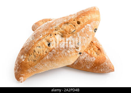 Two ciabatta olive bread rolls isolated on white. Stock Photo