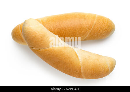 Two long white bread rolls isolated on white. Top view. Stock Photo