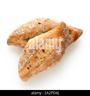 Two ciabatta olive bread rolls isolated on white. Top view. Stock Photo