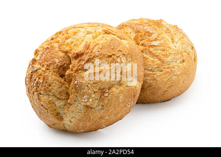 Two round rustic white bread rolls isolated on white. Stock Photo