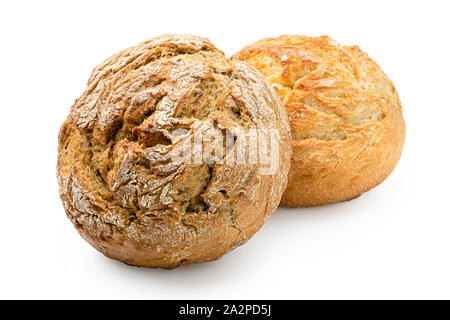 Two round rustic bread rolls isolated on white. White and whole wheat. Stock Photo