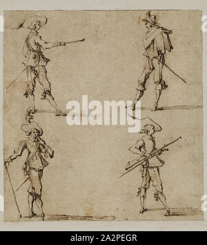 Unknown (French), after Jacques Callot, French, 1592-1635, Four Soldiers, 17th century, pen and brown ink on cream laid paper, Sheet: 4 1/4 × 4 1/16 inches (10.8 × 10.3 cm Stock Photo