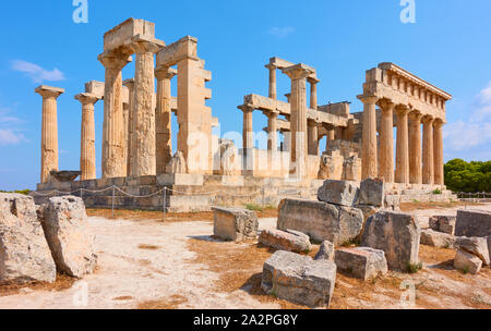 Ruins of ancient greek temple of Aphaea in Aegina Island, Saronic Islands, Greece Stock Photo