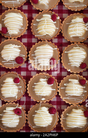 Pear and salted caramel tarts on a gingham background Stock Photo