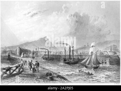 An engraving of Leith Pier and Harbour scanned at high resolution from a book printed in 1842.  Believed copyright free. Stock Photo