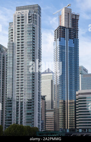 New glass skyscrapers being built in Canary Wharf, a business district in London. Stock Photo