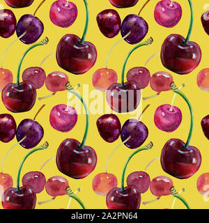 Sweet red ripe cherries isolated on white background. illustration. handmade watercolor Stock Photo