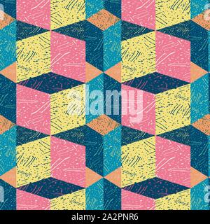 Funky textured rectangle block design in blue, pink, orange and yellow. Seamless isometric vector pattern with 3d effect. Great for party, web Stock Vector