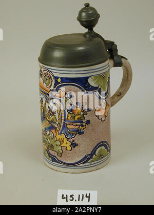 Mug with Pewter Lid, 18th Century, Tin-glazed earthenware, pewter, 10 1/8 x 6 1/4 x 4 3/8 in. (25.7 x 15.9 x 11.1 cm Stock Photo