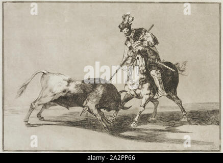 Francisco Goya, Spanish, 1746-1828, The Cid Campeador Spearing Another Bull, 1816, etching, burnished aquatint, and burin printed in brown ink on laid paper, Plate: 9 7/8 × 13 7/8 inches (25.1 × 35.2 cm Stock Photo