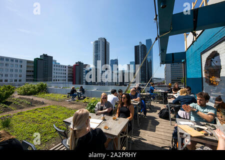 Schieblock, a former office building in downtown Rotterdam, Netherlands, is now used by many innovative companies, start-ups, co-working spaces, roof Stock Photo