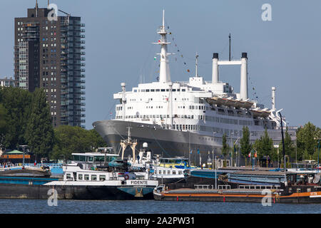 Port of Rotterdam, Netherlands, former passenger ship, the Holland-Amerika-Lijn, SS Rotterdam, lies as a hotel ship in the port, Stock Photo