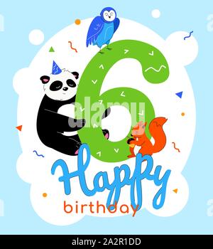 Children 6th birthday greeting card vector template Stock Vector