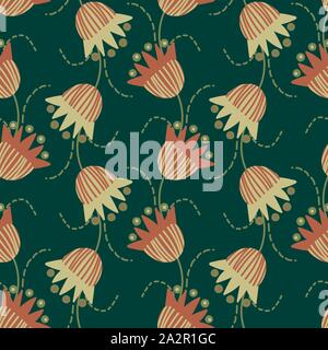 seamless vector pattern with red and beige graphic ornamental flowers on a dark background Stock Vector