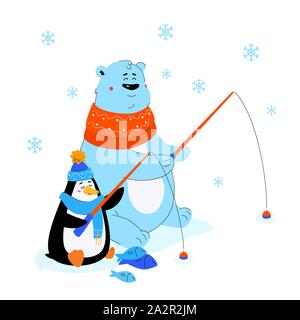 Polar bear and penguin ice fishing - flat design style illustration Stock Vector