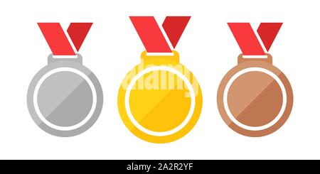 Medals isolated on a white background vector illustration eps 10. Set of medals gold, silver, bronze. Gold, silver and bronze medals with red ribbon f Stock Vector