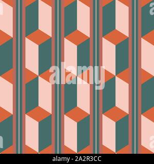 Unusual 3d effect rectangle block and stripe design in teal, orange and pastel pink. Seamless isometric vector pattern with modern retro vibe. Great Stock Vector