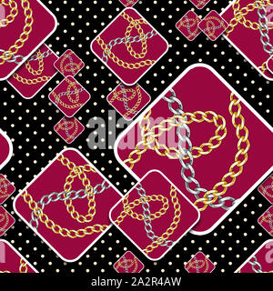 Seamless patchwork square chains pattern with dots on black background ready for textile prints. vintage, scarf, repeat, precious, necklace, shiny. Stock Photo