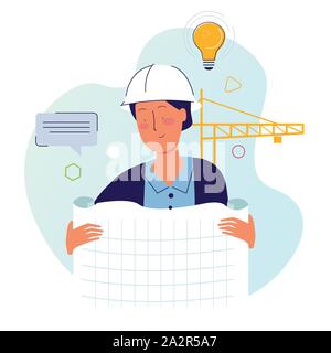 Architect holding drawing paper in construction site with helmet and crane Stock Vector