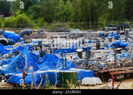 Gas equipment for laying a gas pipeline on the bottom of the Baltic sea Nord stream 2. Warehouse equipment in the open air. Plot near Narva Bay. Balti Stock Photo