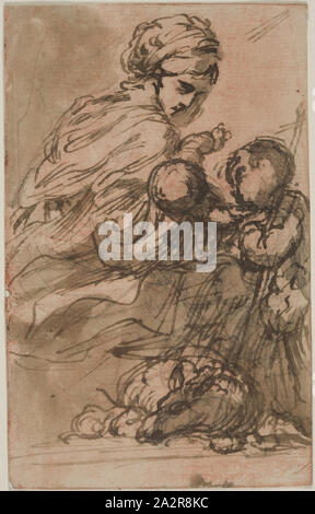 Carlo Alberto Baratta, Italian, 1754-1815, Madonna and Child with the Infant Saint John, between 1754 and 1815, pen and brown ink with brown wash over black chalk on buff laid paper washed with red chalk, Sheet: 5 11/16 × 3 1/2 inches (14.4 × 8.9 cm Stock Photo