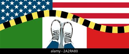 Vector illustration of a top view of legs in boots on the border near the wall between the countries of the USA and Mexico, flags and a yellow separat Stock Vector