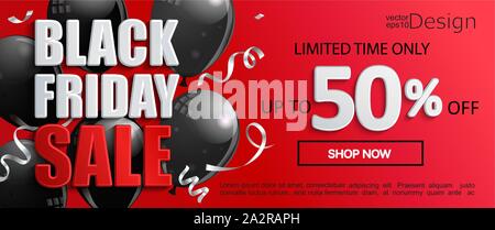 Black Friday Sale banner, inviting to shopping with black ballons. Limited time discounts, 50 percent price off. Clearance poster on red background fo Stock Vector