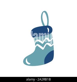 Vector hand drawn Christmas holiday blue sock isolated on white background in scandinavian style Stock Vector